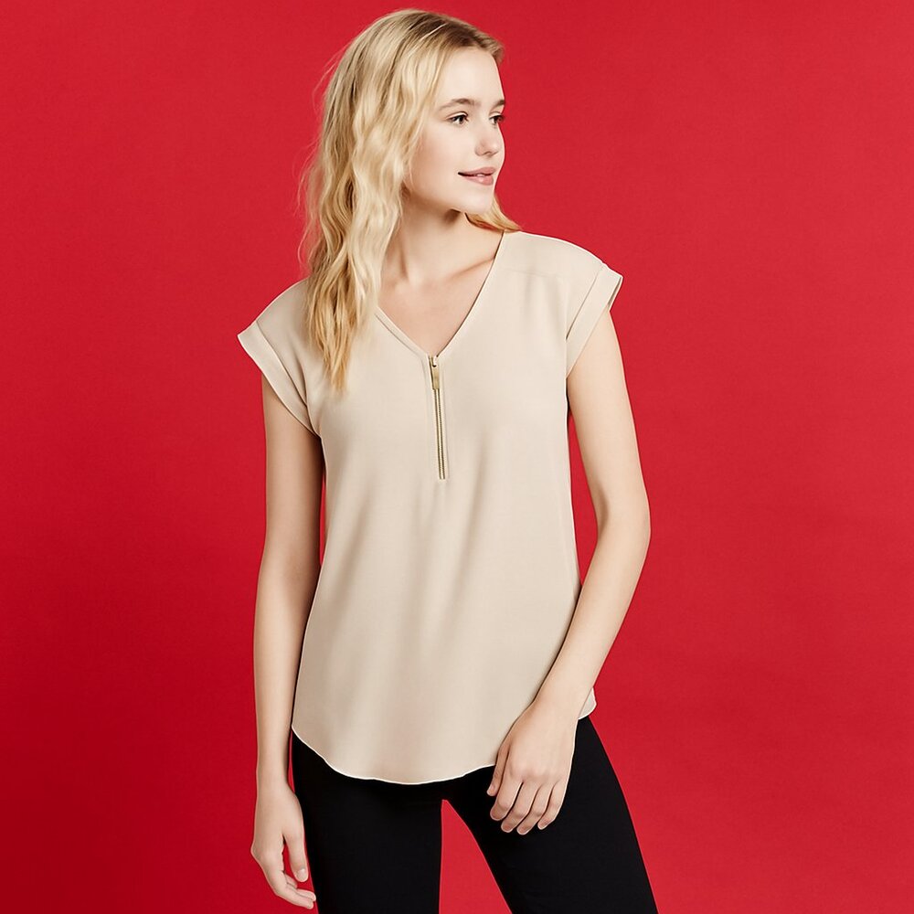 Silky Beige Zip-Front "Gramercy" Tunic Blouse by Express - Size XS